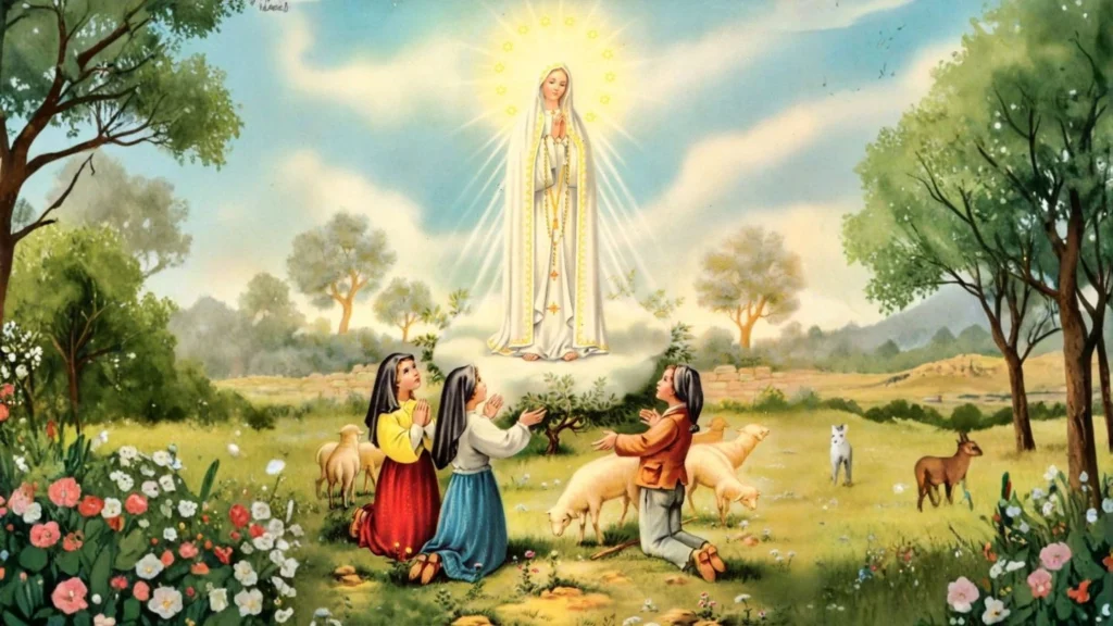 Nossa Senhora de Fátima com manto branco e coroa dourada, aparecendo às três crianças pastoras na Cova da Iria em 1917